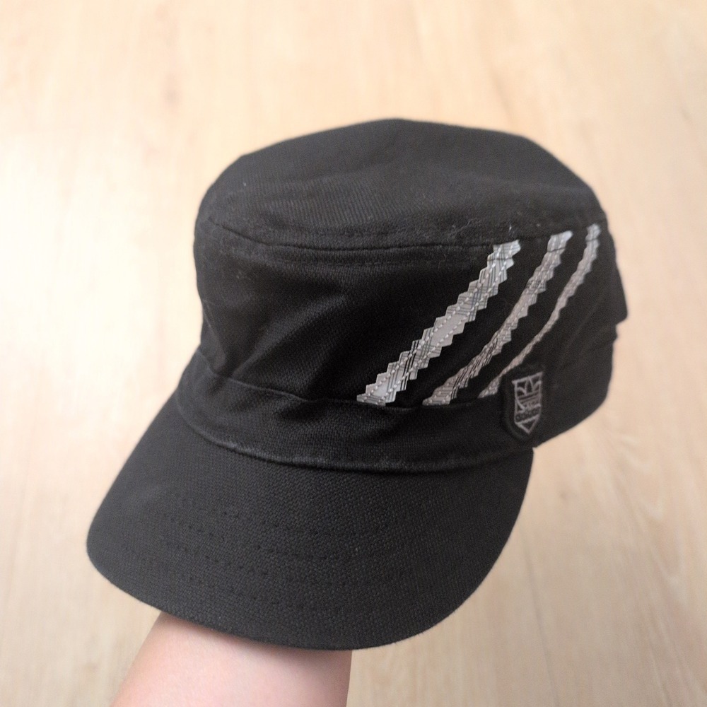 Y2K Adidas Originals Black Cadet Military Cap Hat Trefoil A-Flex Plaid Lined